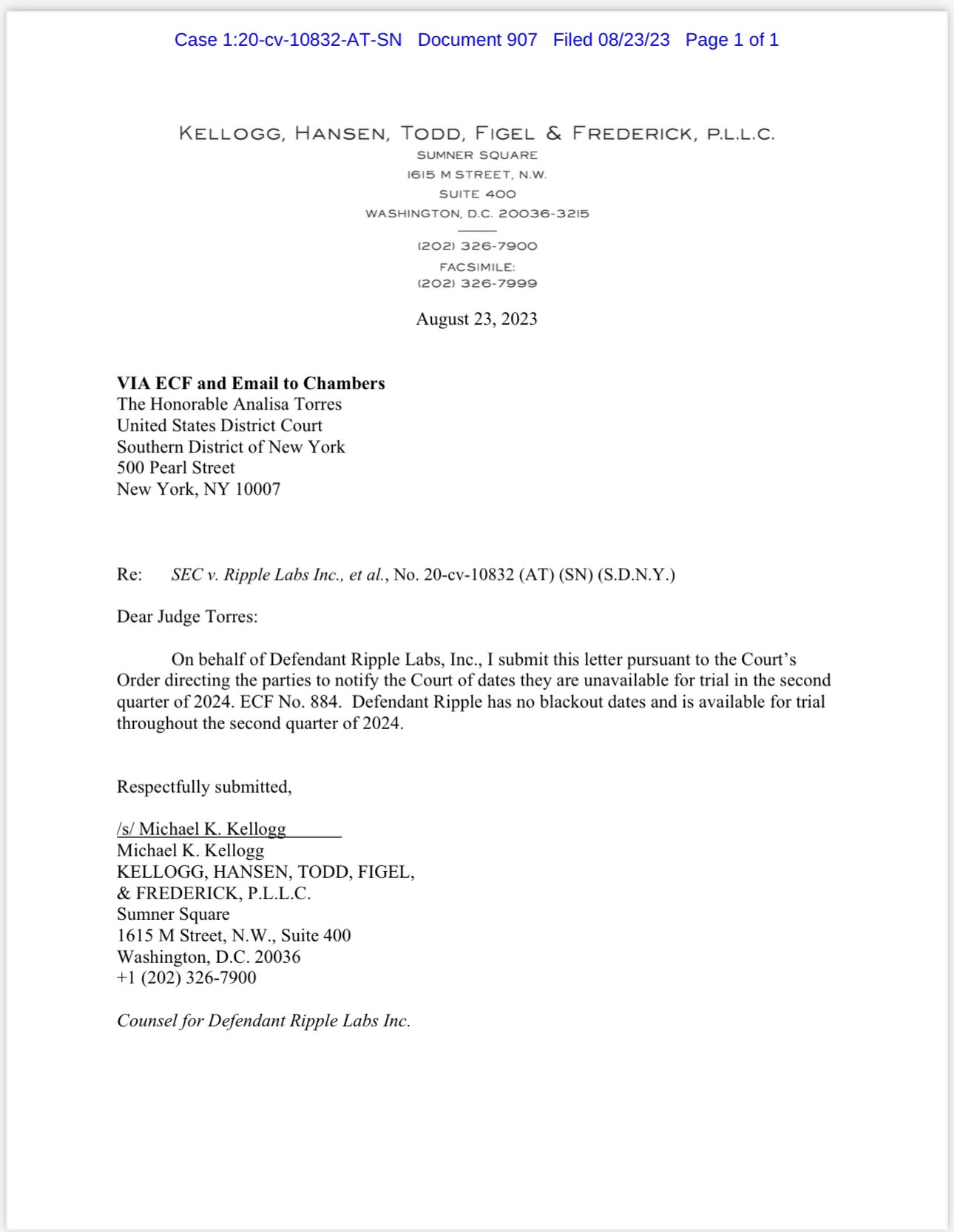 SEC vs. Ripple Labs filing on August 23
