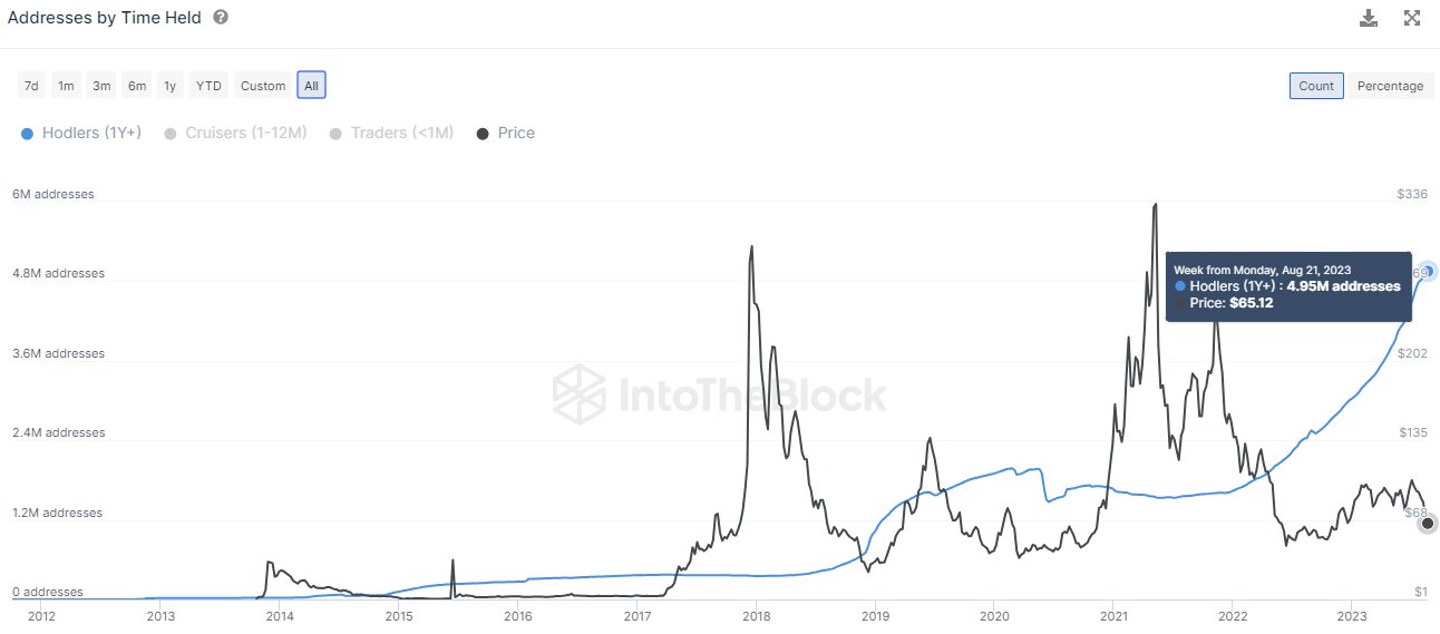 Litecoin addresses by time held as seen on IntoTheBlock