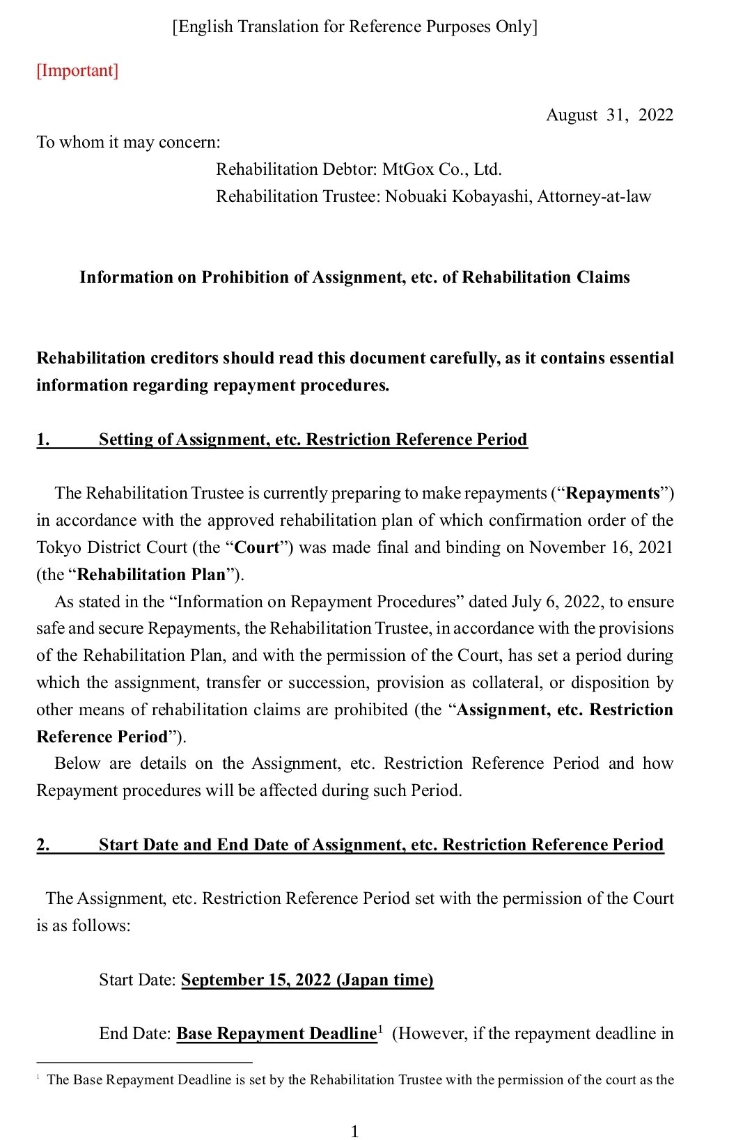 Mt.Gox claim settlement