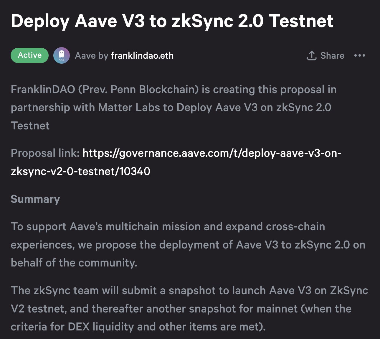 Aave v3 deployment on zkSync 2.0 testnet