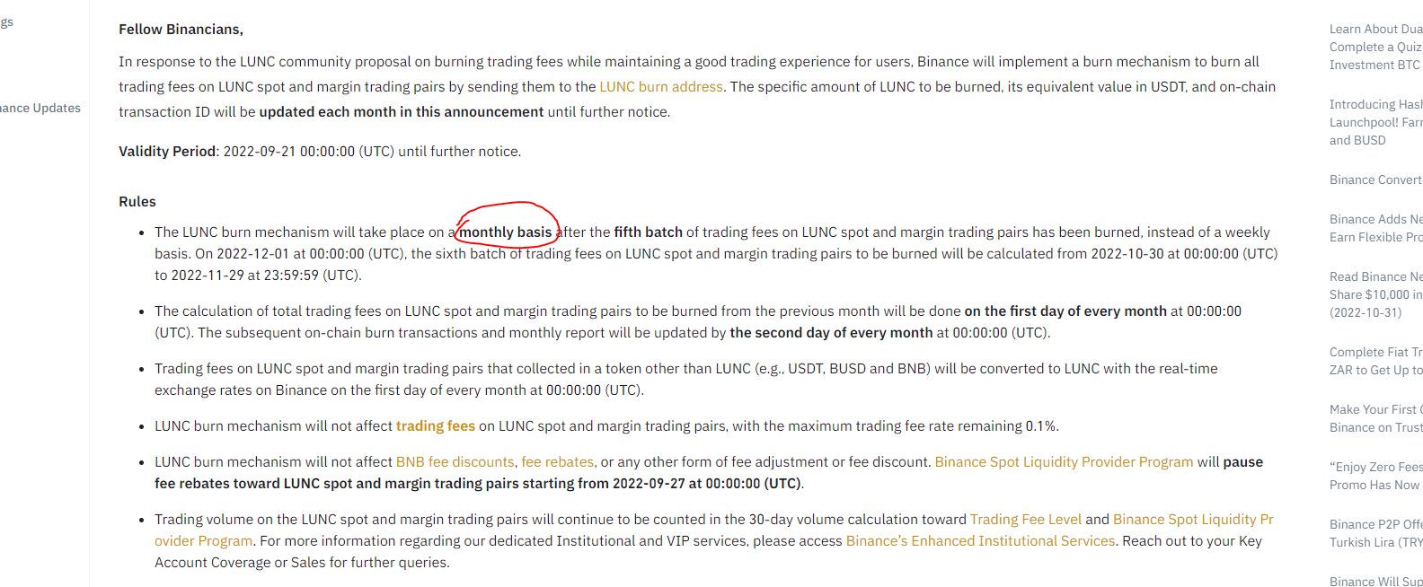 Binance update on LUNC burn mechanism