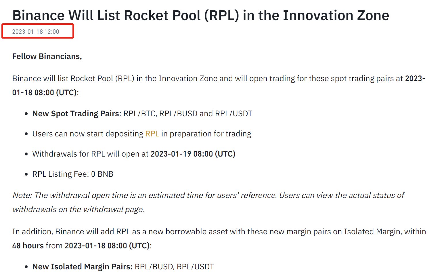 Announcement of RPL Listing