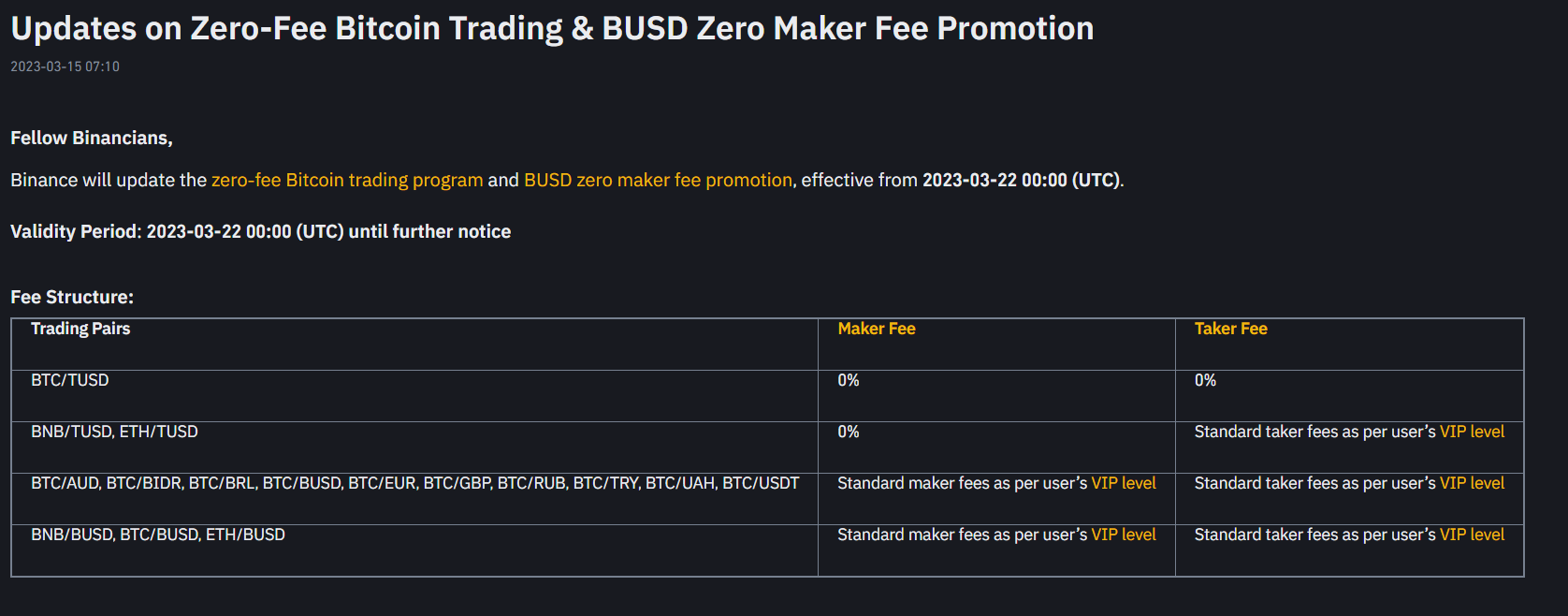 Binance offers 0% fee on BTC/TUSD trading