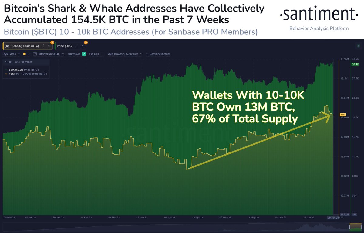 比特币鲸鱼和鲨鱼在 BTC 积累中加倍下注，该资产 6 月份收于 30,469 美元