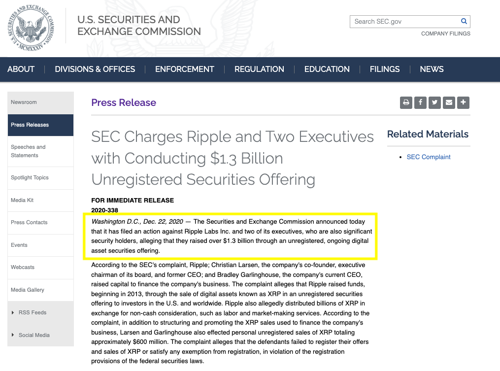 리플과 2명의 경영진에 대한 SEC의 기소