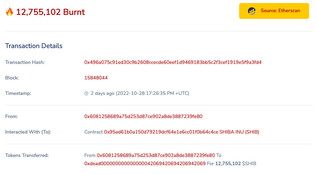 Shiba Inu burnt in a transaction