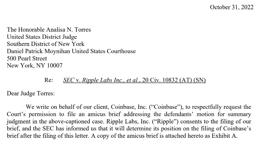 Coinbase requests Judge Torres for permission to file amicus curiae brief