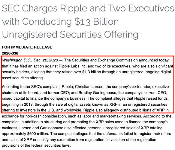 SEC filed action against Ripple Labs Inc. on Dec 22, 2020