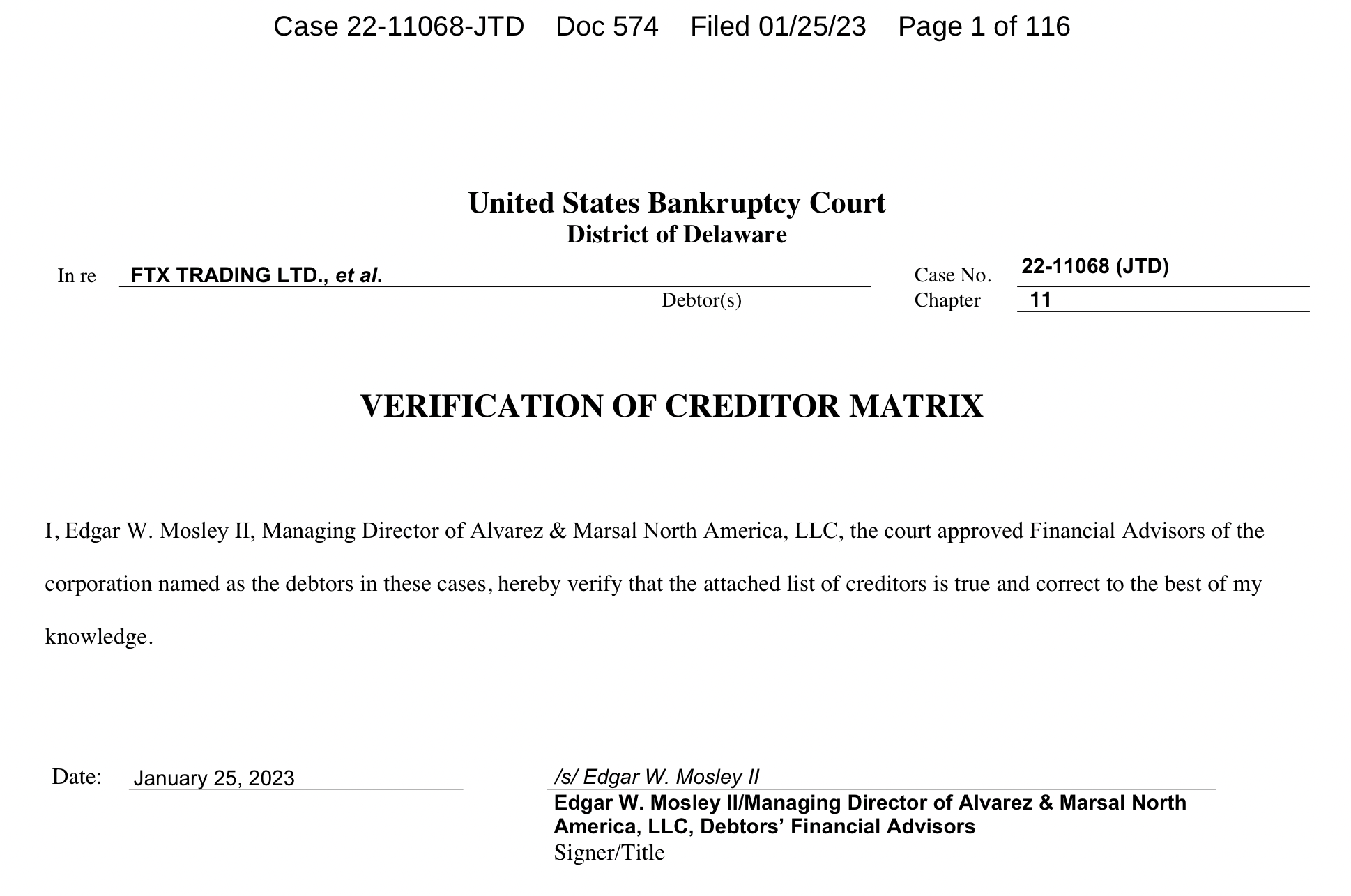 Verification of FTX exchange's creditor matrix