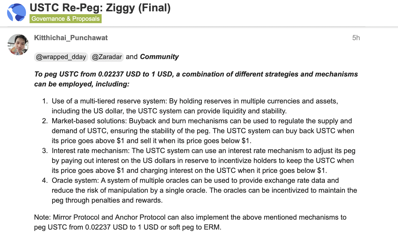 Proposal to re-peg USTC to $1