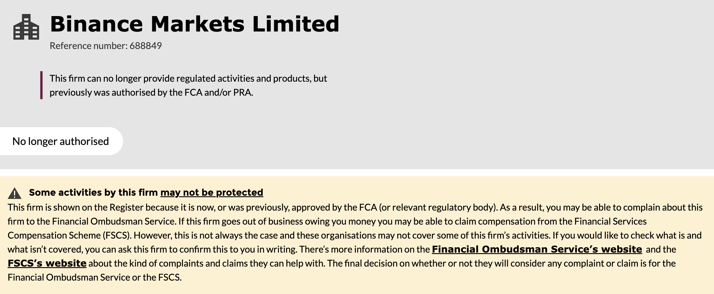 FCA webpage on Binance Markets Limited