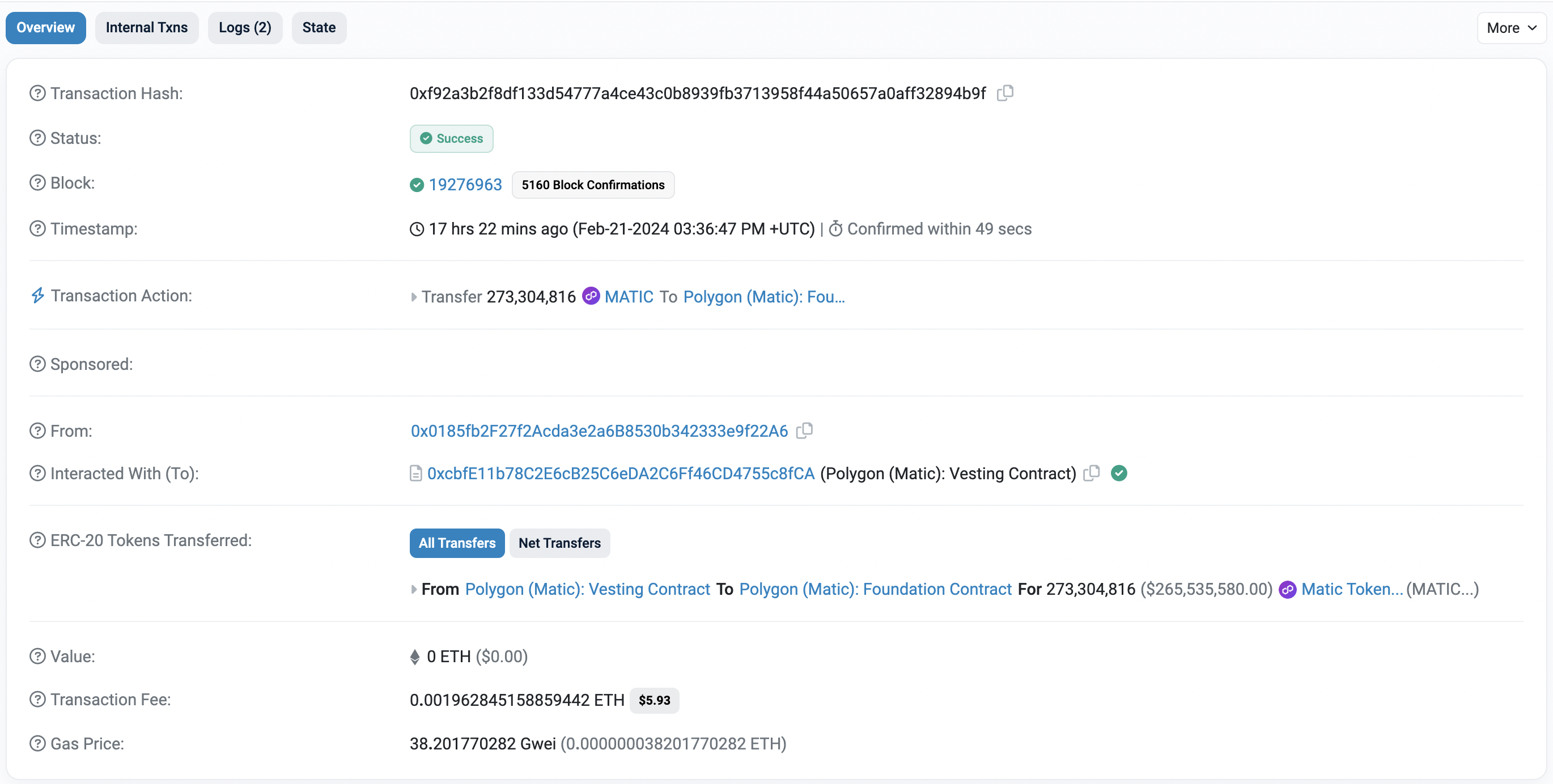 Etherscan: Polygon Vesting Contract Transaction Hash