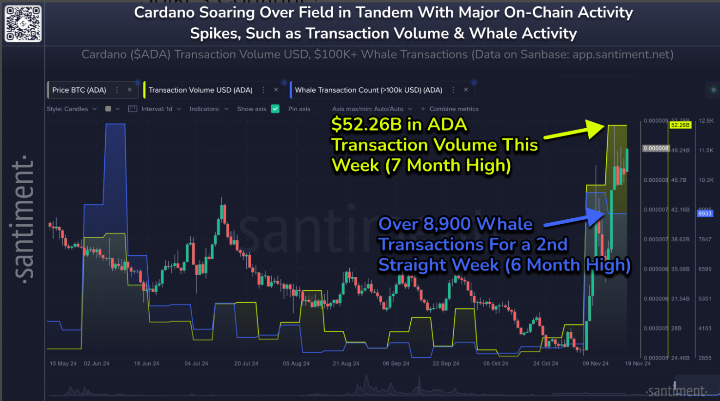 Cardano’s daily trading volume and whale transactions chart. Source: Santiment